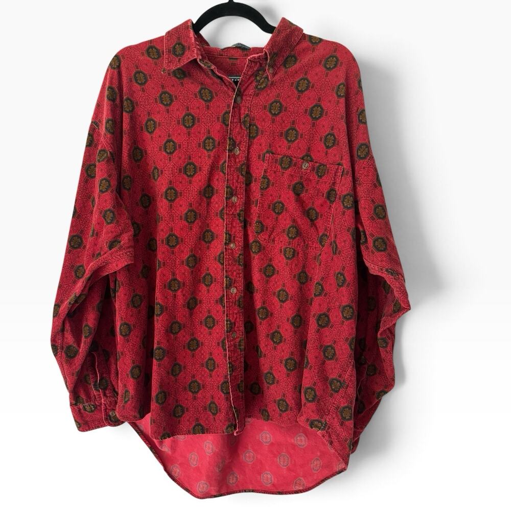 Chaps Ralph Lauren Red Corduroy Button Up Vintage Geometric Shirt Men’s Size XL